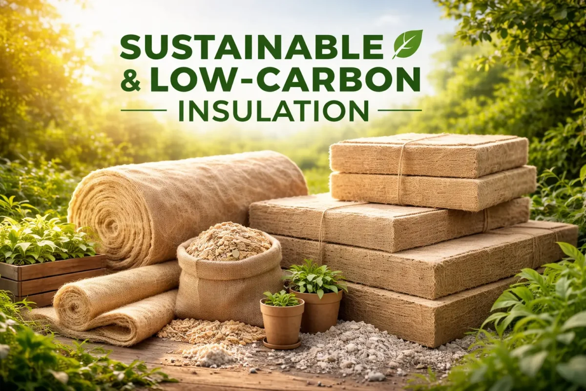Sustainable low-carbon home insulation materials including natural fiber rolls and eco-friendly insulation boards