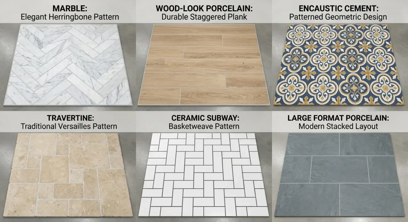Tile flooring types including marble, wood-look porcelain, encaustic cement, travertine, ceramic subway, and large-format porcelain
