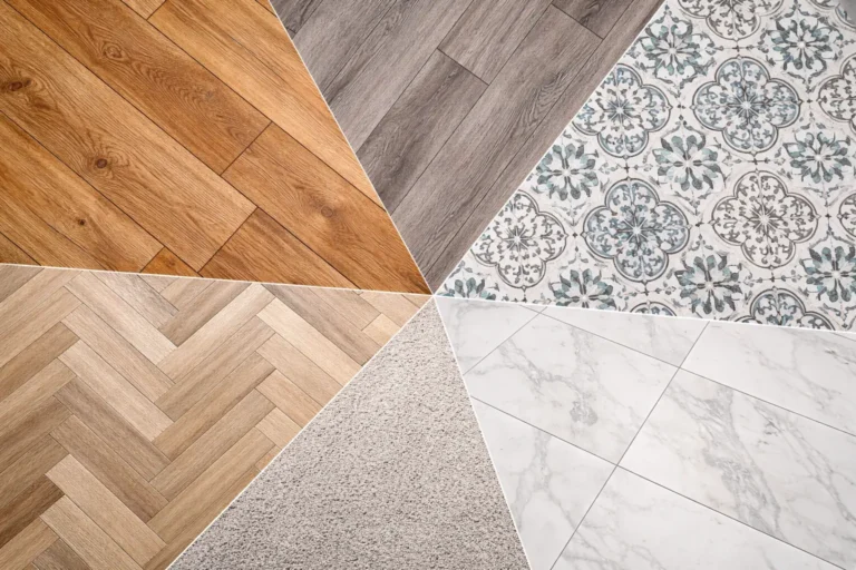 Various types of flooring including hardwood, laminate, patterned tile, carpet, and marble-look tile