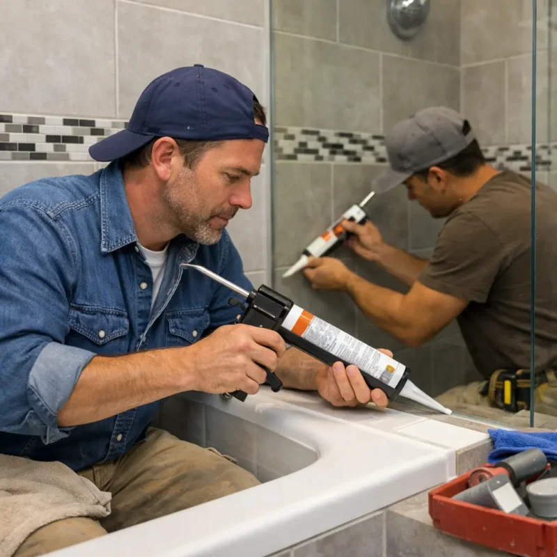 Workers using caulk for remodelling bathroom, applying grout or caulk along tub and shower seams during bathroom renovation