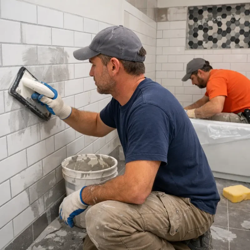 Workers use grout to finish tile joints in a bathroom remodelling project for a clean, durable, water-resistant surface.