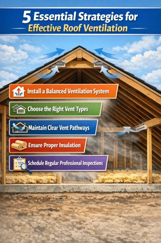 5 essential strategies for effective roof ventilation including balanced system, vent types, insulation, and maintenance