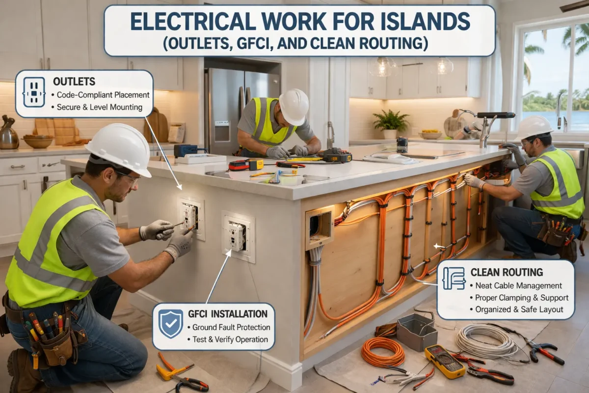Workers performing kitchen Island installation with electrical setup including outlets, GFCI, and clean cable routing
