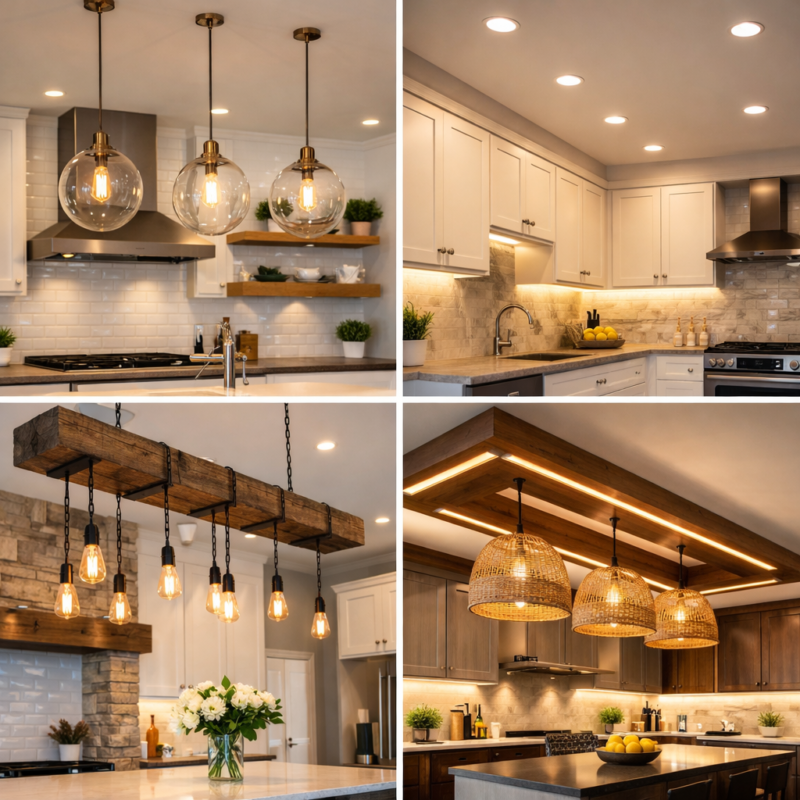 kitchen lighting design ideas featuring pendant lights, recessed lighting, rustic chandelier, and modern woven fixtures in stylish kitchens