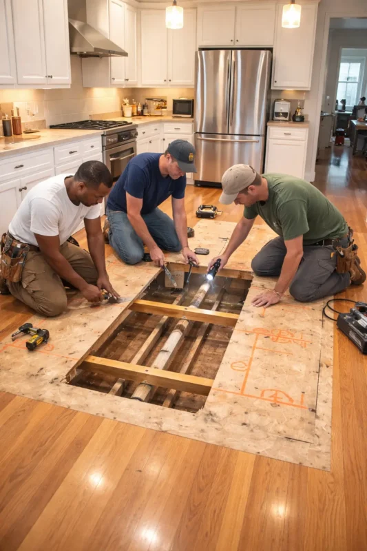 few workers are Prep the Floor + Locate What’s Under It