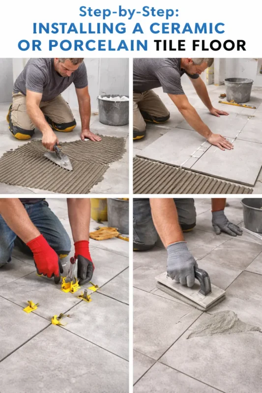 Workers installing ceramic or porcelain Bathroom Floor tiles step by step including mortar application, tile placement, leveling, and grouting process