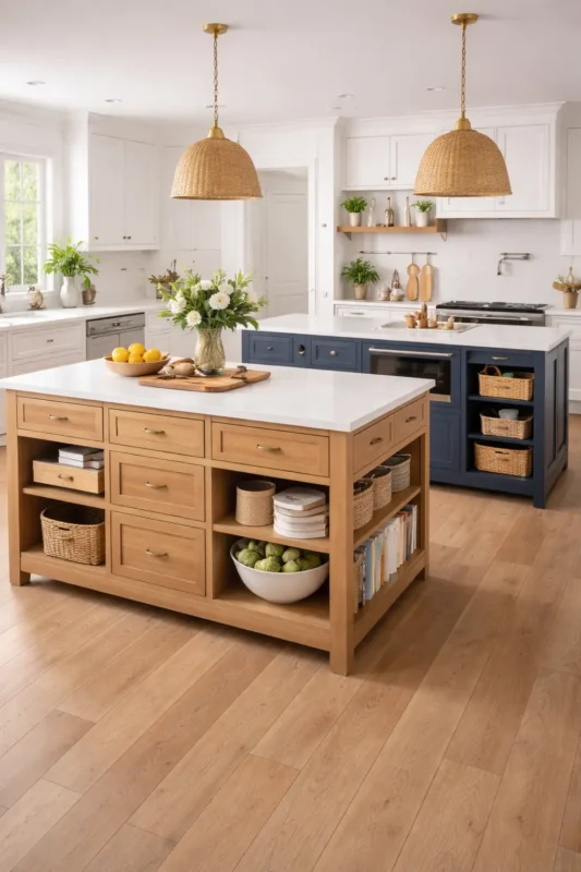 Storage-focused kitchen Island Design featuring dual islands with drawers, shelves, and built-in storage in a modern farmhouse kitchen