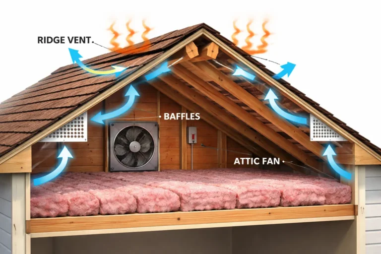Attic ventilation system diagram showing roof ventilation with airflow through ridge vents, soffit vents, and attic fan