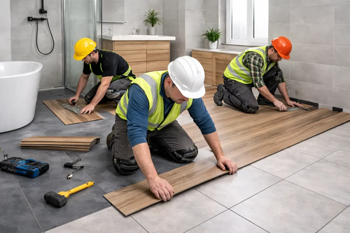 Workers installing click-lock vinyl plank LVP bathroom floor in modern bathroom