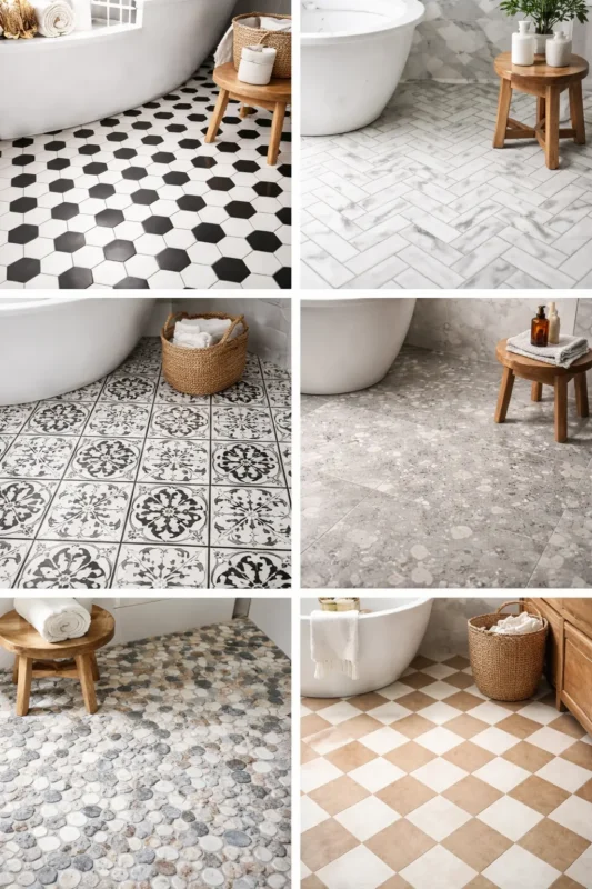 Various Bathroom Floor design types including hexagon tiles, marble herringbone, patterned tiles, terrazzo, pebble stone, and checkered Bathroom Floor styles