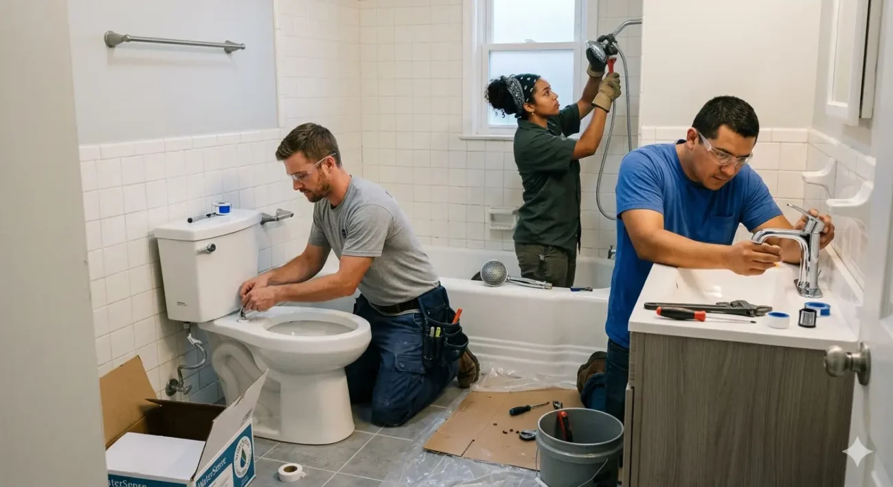 Experts performing bathroom plumbing upgrades for water efficiency