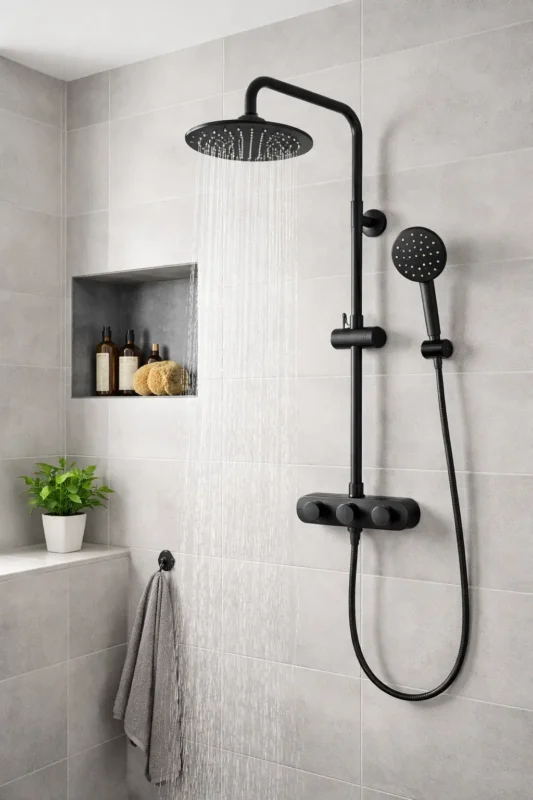 Modern bathroom shower installation with rainfall showerhead and handheld system