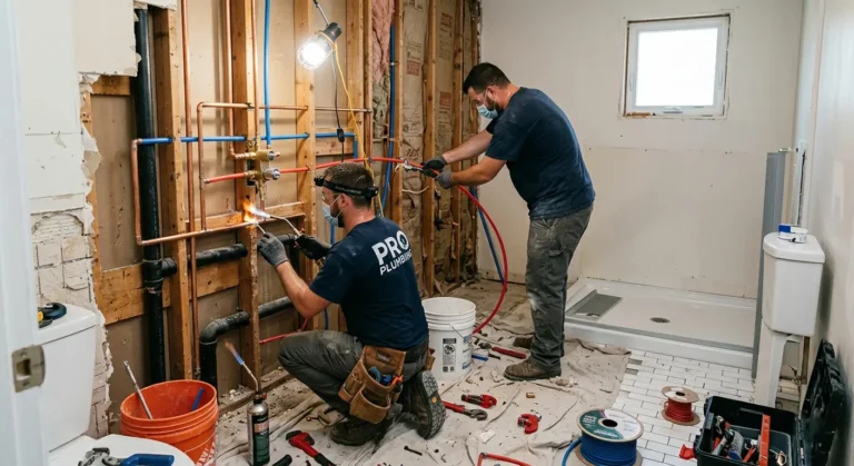 Modern bathroom showing a professional upgrade plumbing installation with new pipes and fixtures.