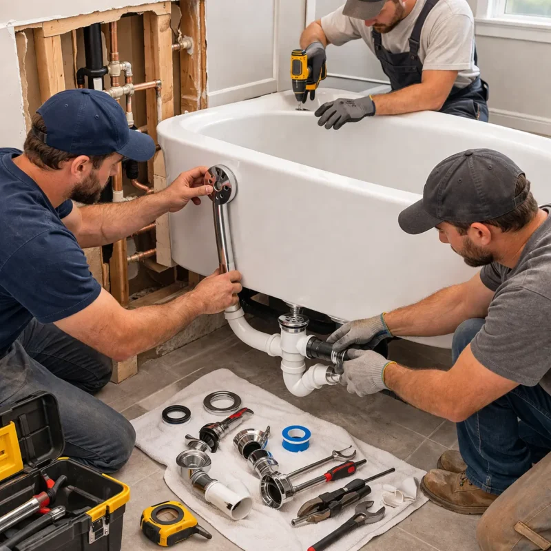 Workers connecting the drain and overflow assembly during bathtub installation and replacement process