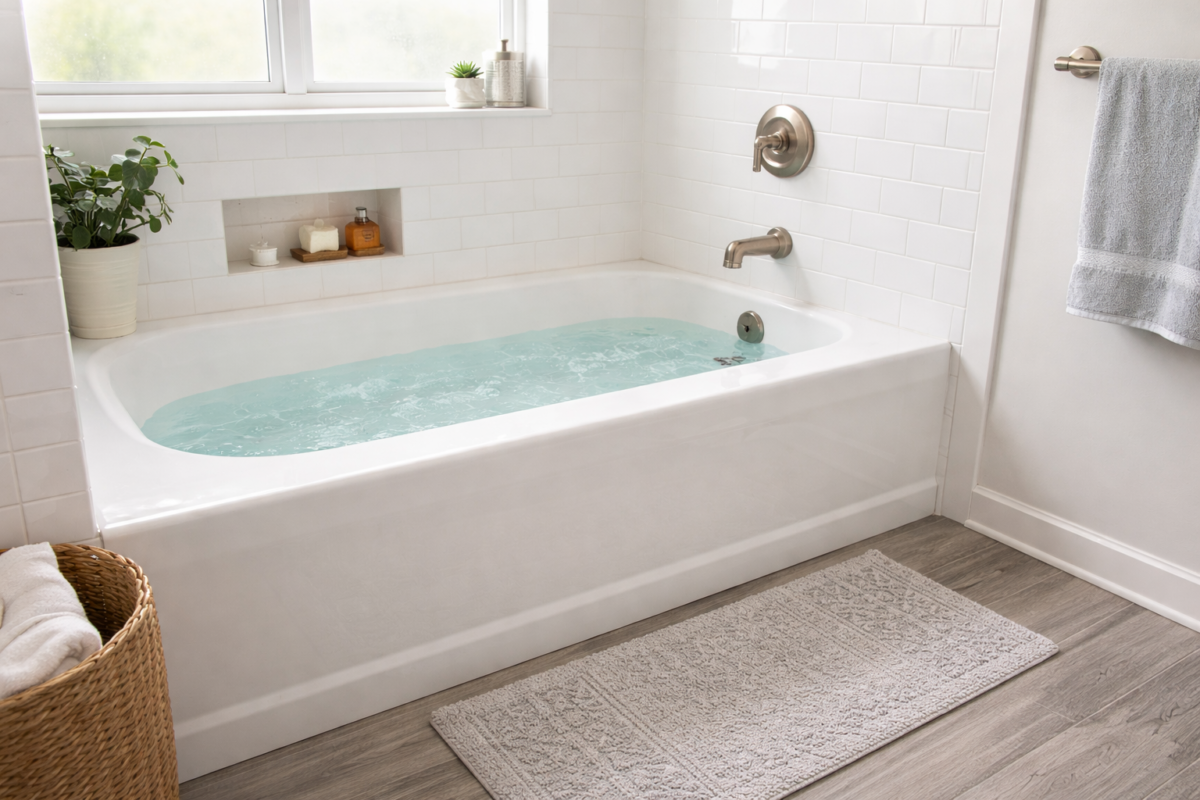 Fully prepared modern bathtub after bathtub installation and replacement project completed