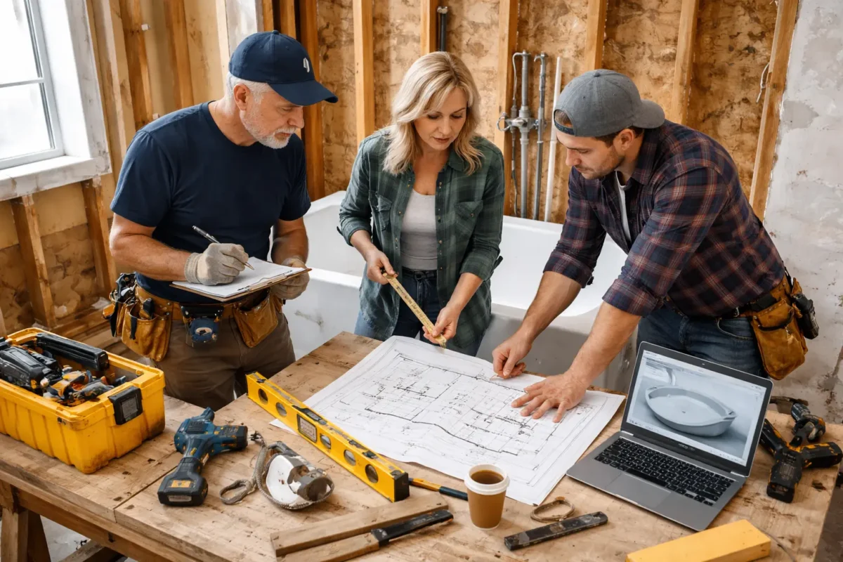 Experts planning bathtub installation and replacement with measurements and layout