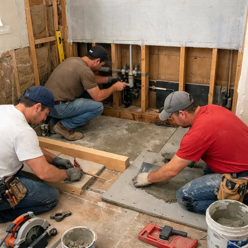 Workers repairing and preparing the bathtub installation and replacement area with plumbing and base setup