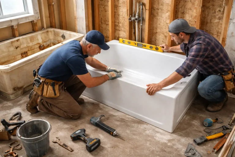 Workers performing bathtub installation and replacement in a bathroom renovation project
