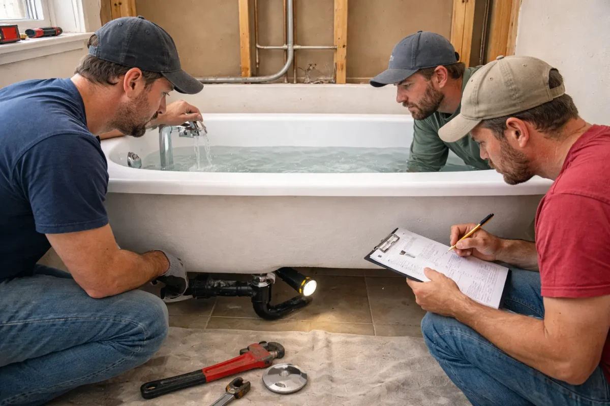 Workers testing new bathtub for leaks and proper function during bathtub installation and replacement