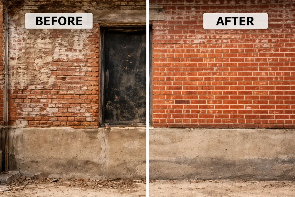 Before and after comparison of masonry renovation showing damaged brick wall restored with clean mortar and repaired bricks