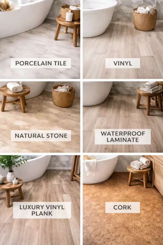 Best Bathroom Floor materials including porcelain tile, vinyl, natural stone, waterproof laminate, luxury vinyl plank, and cork Bathroom Floor options