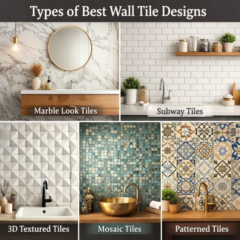 Types of best wall tile design including marble look, subway, 3D textured, mosaic, and patterned tiles