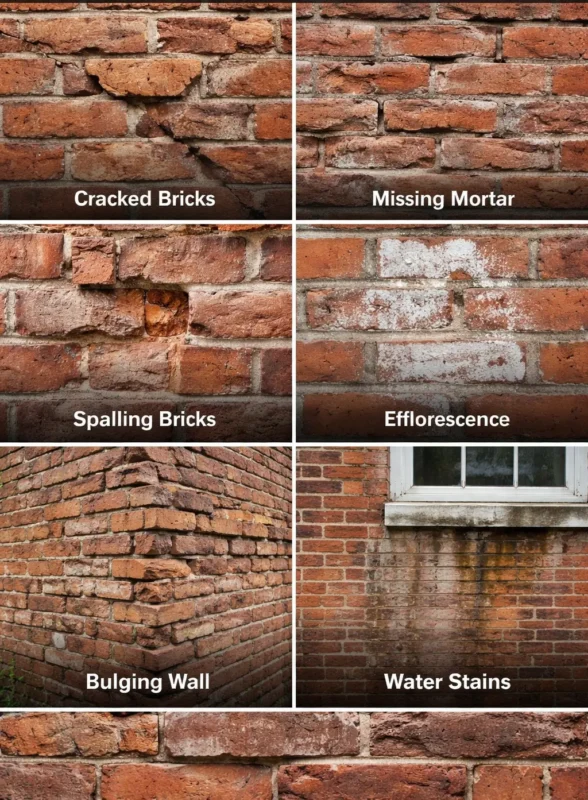 Common building wall damage showing cracks and moisture problems for masonry renovation