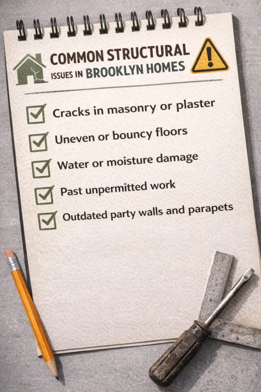 Common structural issues in Brooklyn homes checklist for structural renovation including cracks uneven floors and moisture damage