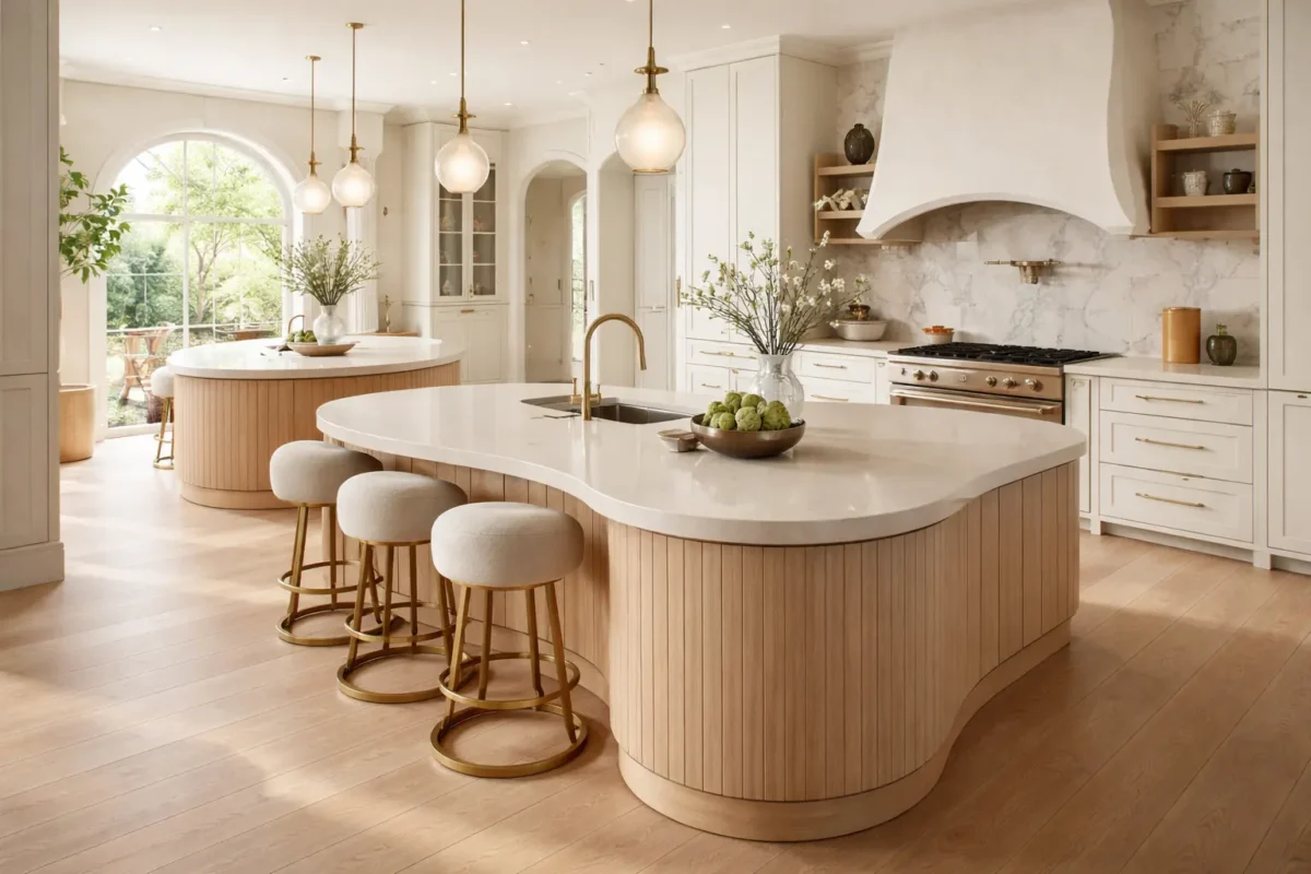 Curved and soft-edge kitchen Island design in a modern kitchen with quartz countertops and wooden base