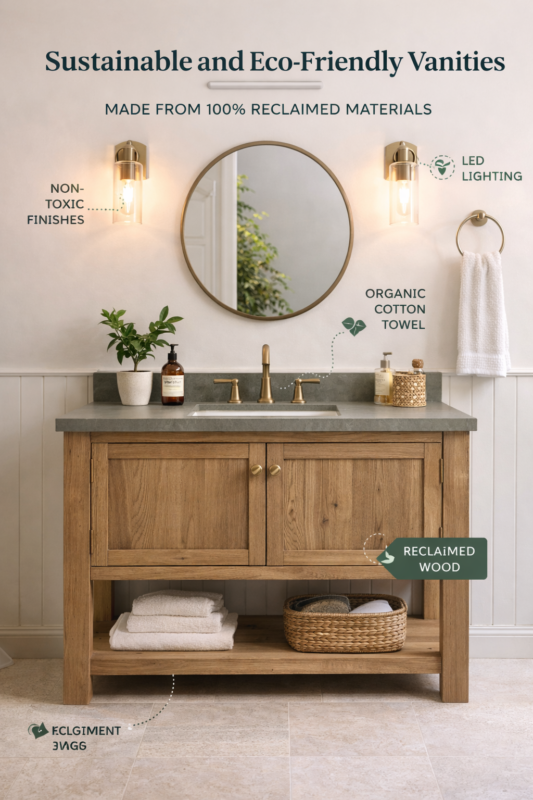 Sustainable bathroom vanity made from reclaimed wood with eco-friendly materials and energy-efficient lighting