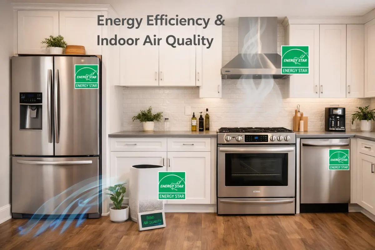 kitchen appliance energy efficiency and indoor air quality with modern appliances and air purifier in a clean kitchen