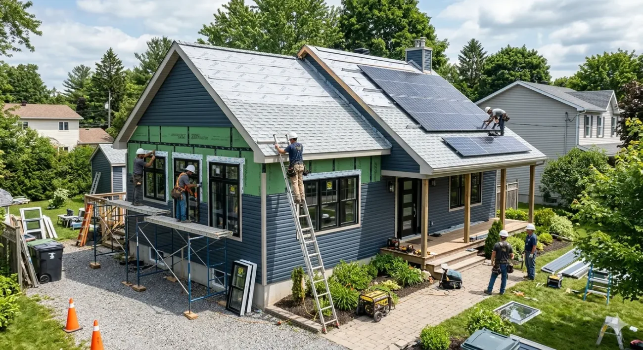 Exterior renovation featuring energy efficiency upgrades for a modern home