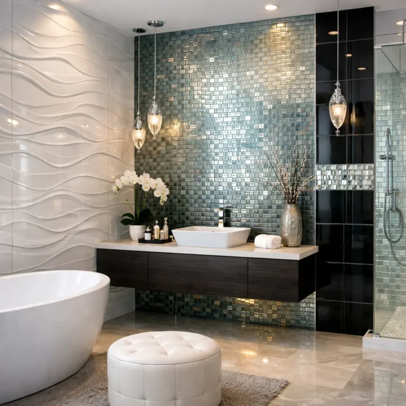 Glossy and glass wall tile design in a modern bathroom with reflective mosaic tiles and sleek finishes