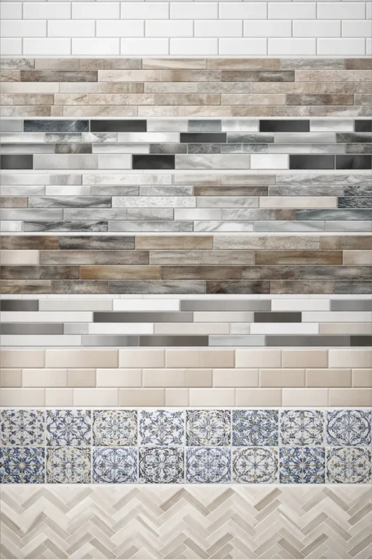 Horizontal layout wall tile design with modern wall tile design patterns in mixed textures