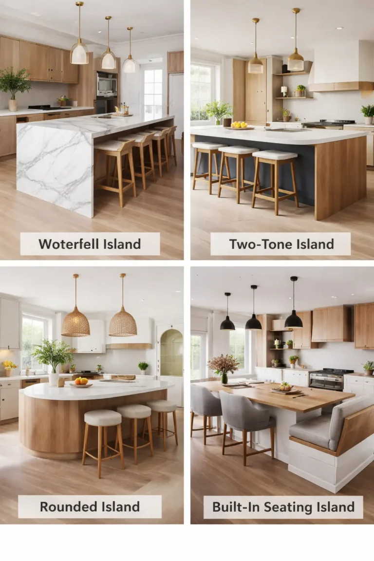 Different kitchen Island Design types including waterfall, two-tone, rounded, and built-in seating islands in modern kitchens
