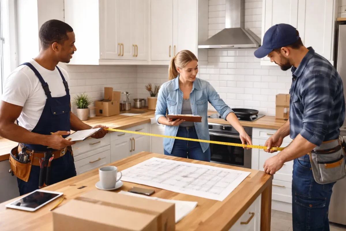 Workers measuring kitchen island design layout in modern kitchen