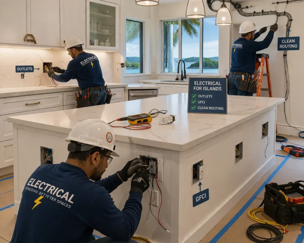 Few workers performing kitchen island installation with electrical setup including outlets, GFCI, and clean wiring routing