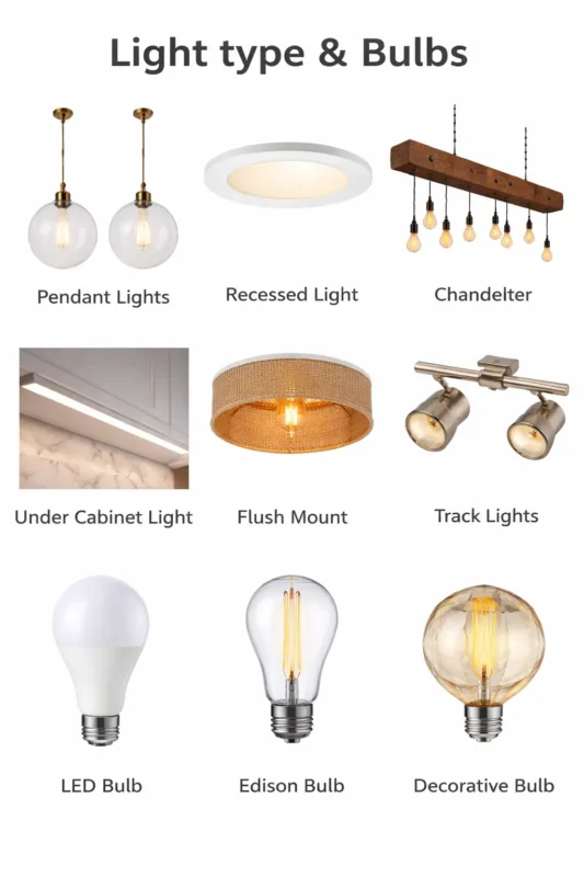 kitchen lighting design types including pendant lights recessed lights chandeliers track lights and different bulb styles