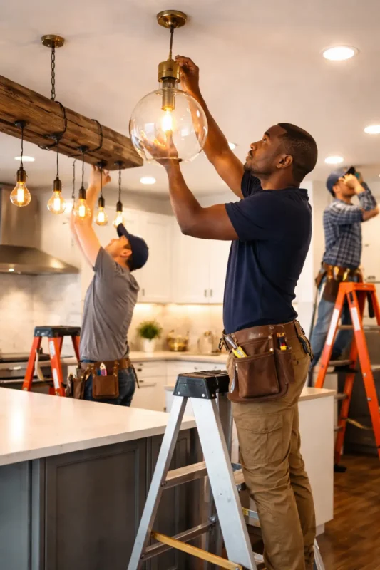 workers installing kitchen lighting design with pendant lights and ceiling fixtures in a modern kitchen