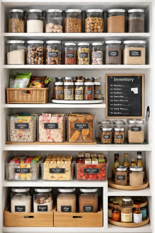 Organized kitchen pantry design with clear containers labels and inventory rotation system