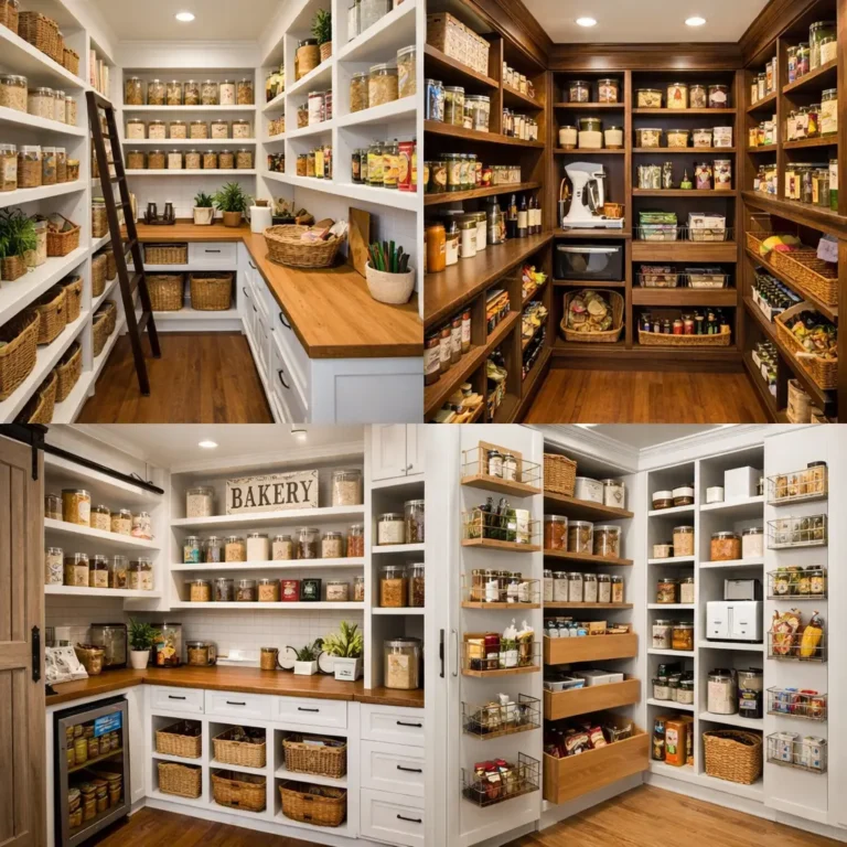 Few kitchen pantry design styles showing modern kitchen pantry design with shelves, drawers, and organized storage