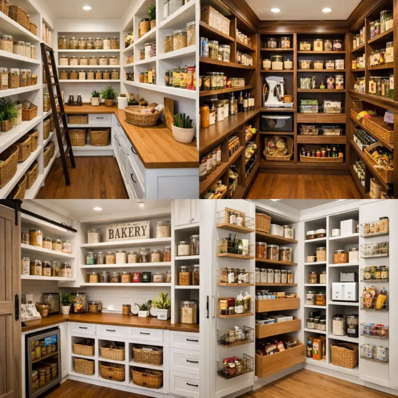 Few kitchen pantry design styles showing modern kitchen pantry design with shelves, drawers, and organized storage