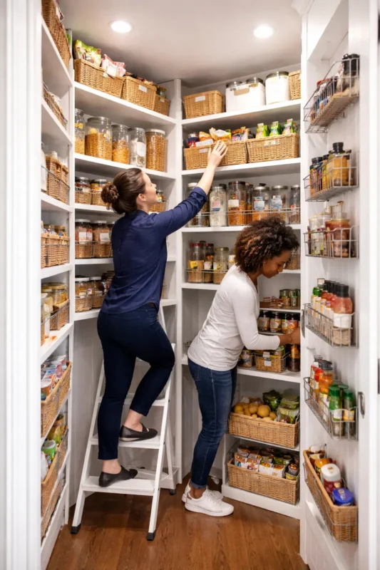Experts optimizing kitchen pantry design by maximizing vertical space and using corner storage effectively in a narrow pantry