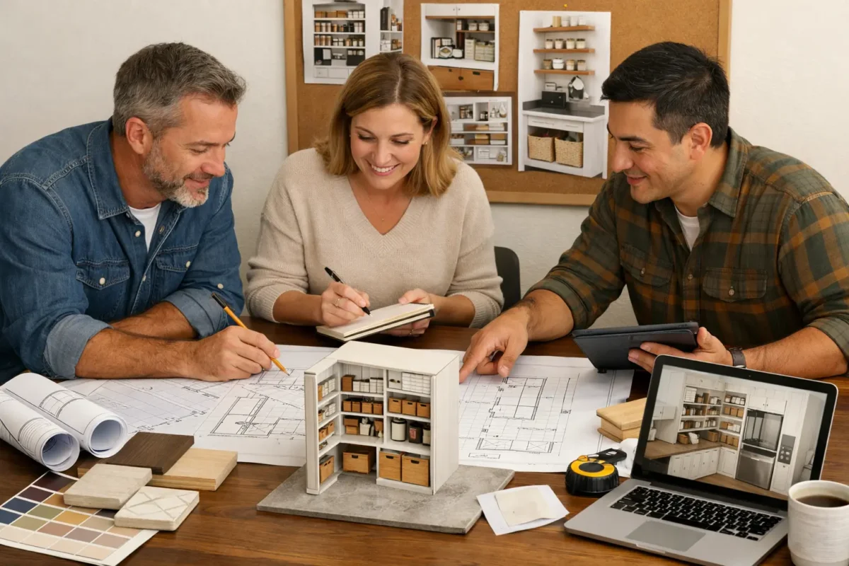 Workers planning a kitchen pantry design with blueprints and layout ideas