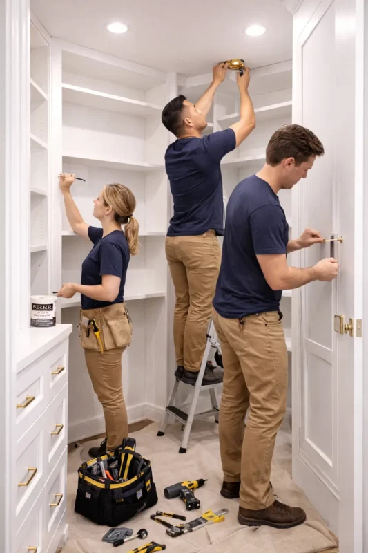 Workers completing kitchen pantry installation with finishing touches including painting, lighting setup, and hardware installation