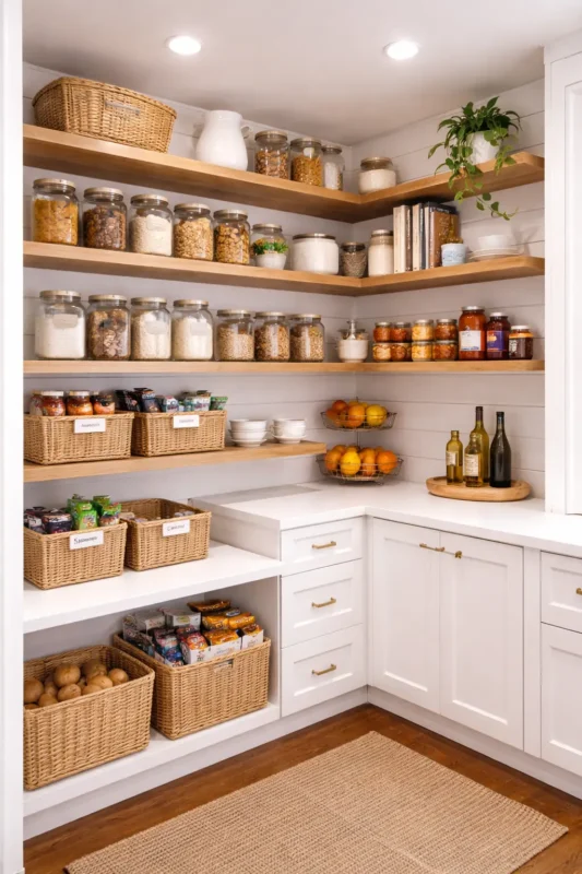 Floating shelves used in kitchen pantry installation to organize jars, baskets, and kitchen essentials efficiently