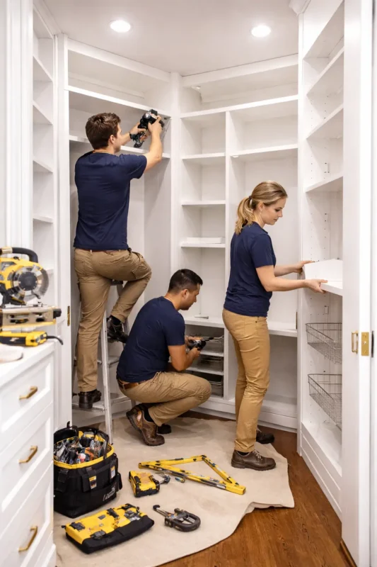 Workers performing kitchen pantry installation by assembling shelves and storage units in a modern pantry