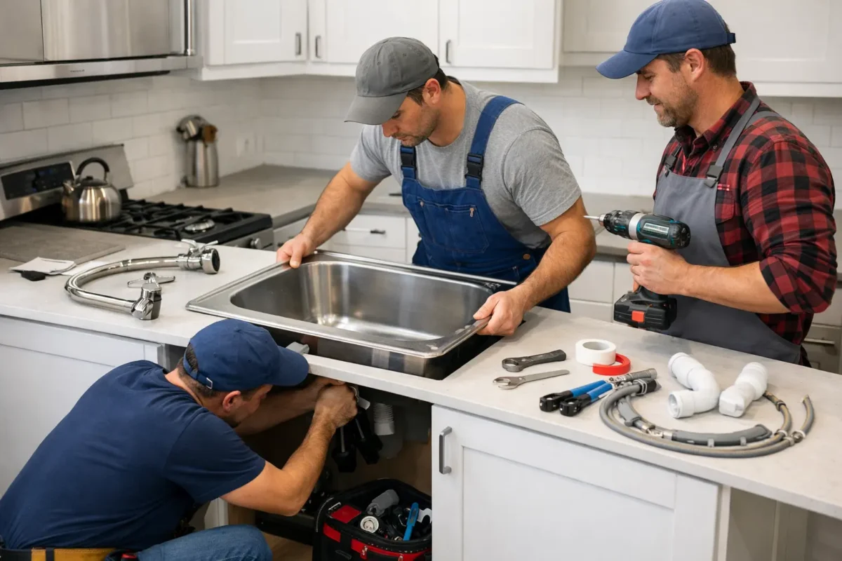 workers performing kitchen sink installation in modern kitchen with plumbing tools