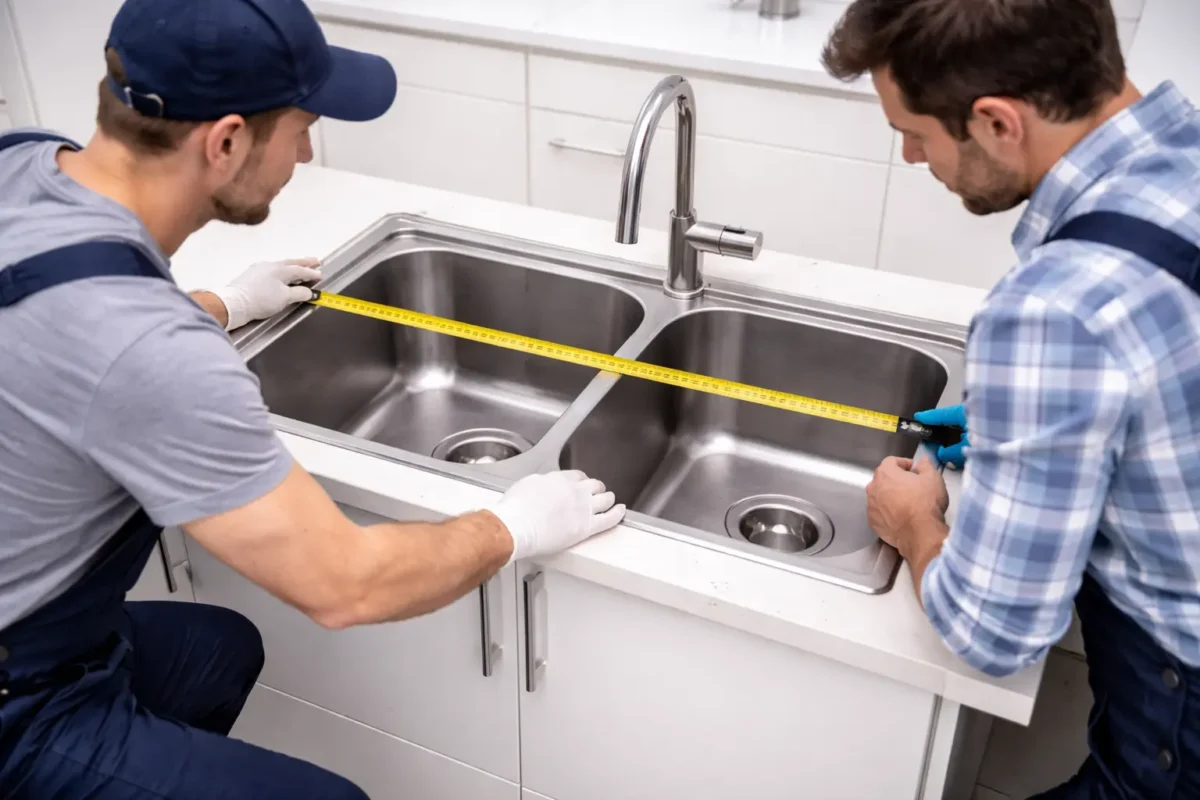 workers measuring kitchen sink size for accurate kitchen sink installation in modern kitchen