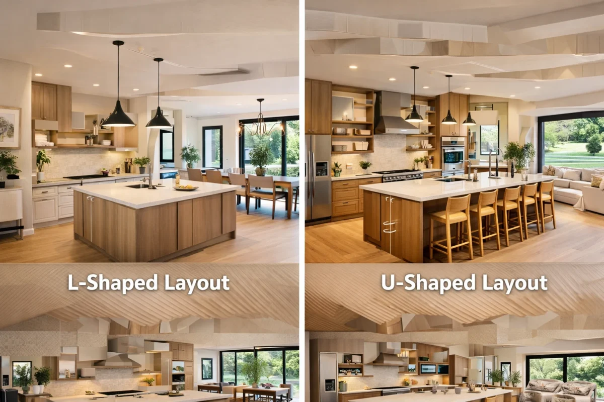 Side by side comparison of L-shaped vs U-shaped Open Concept Kitchen Design layouts in modern homes